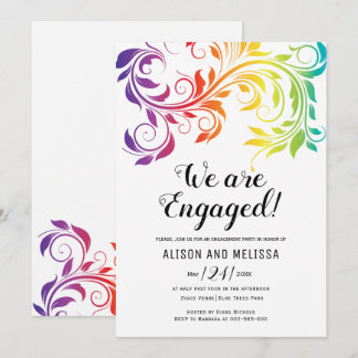 Rainbow colors scroll lesbian engagement party invitation