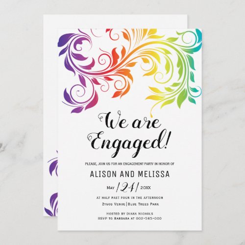 Rainbow colors scroll lesbian engagement party invitation