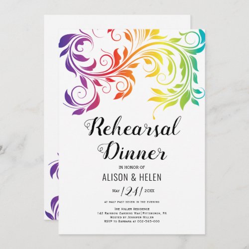 Rainbow colors scroll lesbian rehearsal dinner invitation