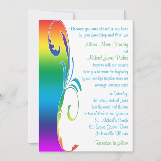 Rainbow Colors Scrolled Wedding Invitation (Front)