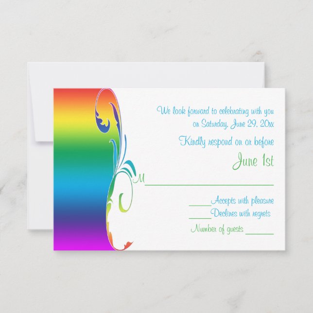 Rainbow Colors Scrolled Wedding Reply Card (Front)