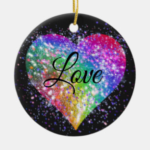 Rainbow colors sparking glitter heart love cerami ceramic ornament