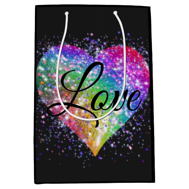 Rainbow colors sparking glitter heart love  medium gift bag (Front)