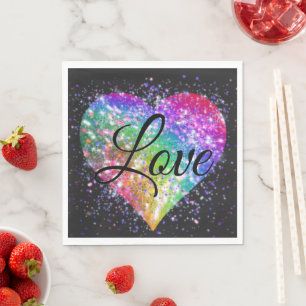 Rainbow colors sparking glitter heart love nap napkins