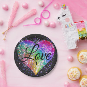 Rainbow colors sparking glitter heart love pap paper plates