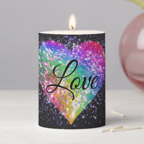 Rainbow colors sparking glitter heart love      pillar candle