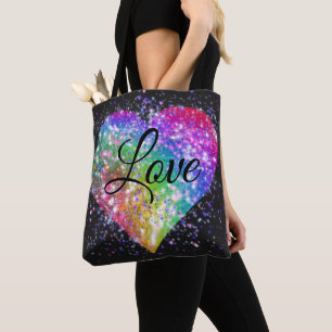 Rainbow colors sparking glitter heart love    tote bag