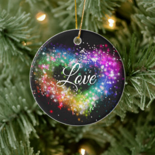 Rainbow colors spray paint sparking glitter heart ceramic ornament
