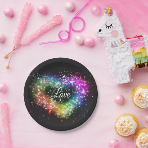 Rainbow colors spray paint sparking glitter heart  paper plates