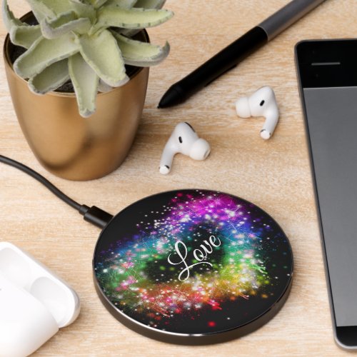Rainbow colors spray paint sparking glitter heart  wireless charger 