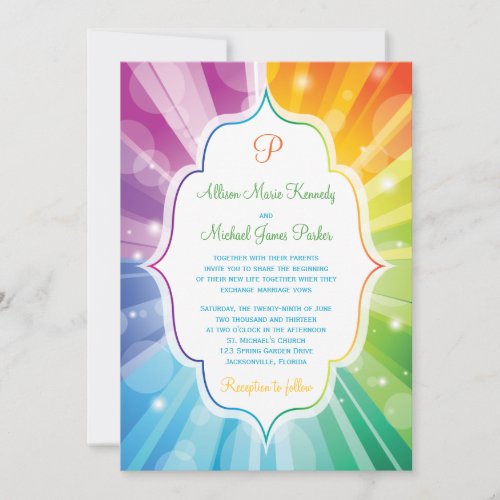 Rainbow Colors Striped Sunburst Wedding Invitation