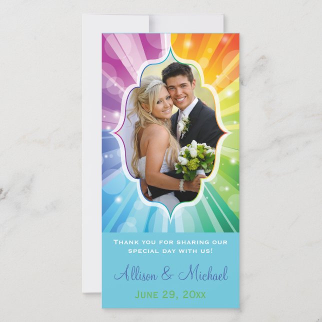 Rainbow Colors Striped Sunburst Wedding Photo Card (Front)