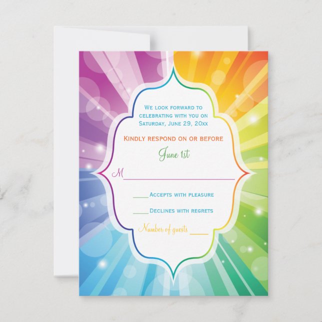 Rainbow Colors Striped Sunburst Wedding RSVP Card (Front)
