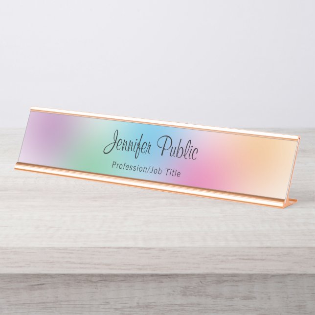 Rainbow Colors Template Rose Gold Elegant Modern Desk Name Plate (Front)