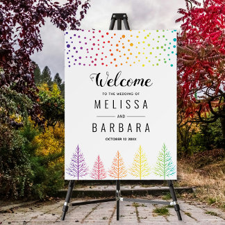 Rainbow colors trees and confetti lesbian wedding foam board