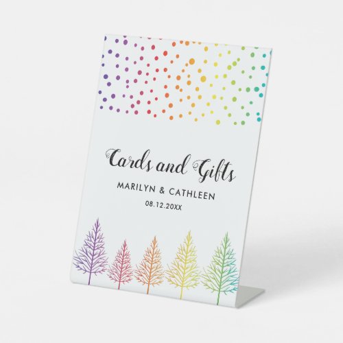 Rainbow colors trees and confetti LGBT wedding  Pe Pedestal Sign