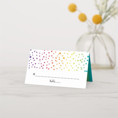 Rainbow colors trees and confetti LGBT wedding Place Card