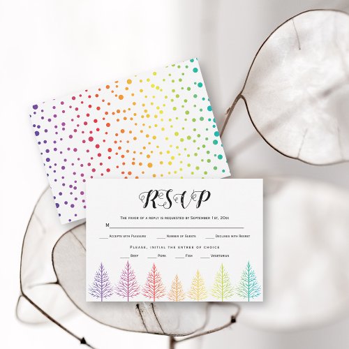 Rainbow colors trees confetti gay lesbian wedding RSVP card