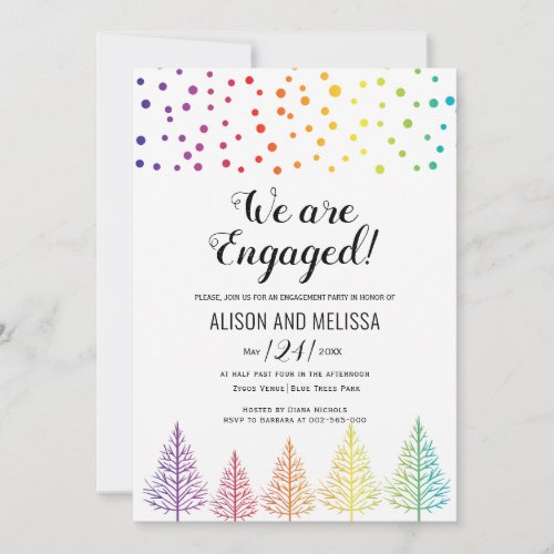 Rainbow colors trees dots lesbian engagement party invitation