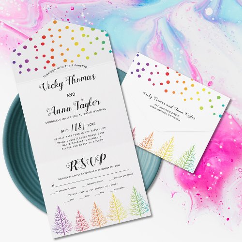 Rainbow colors trees dots lesbian winter wedding all in one invitation