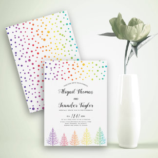Rainbow colors trees, dots lesbian winter wedding invitation