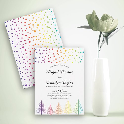 Rainbow colors trees dots lesbian winter wedding invitation