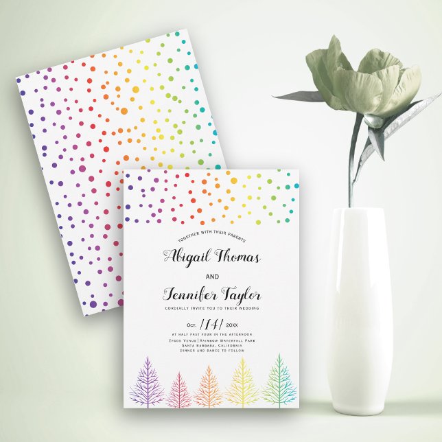 Rainbow colors trees, dots lesbian winter wedding invitation (Creator Uploaded)