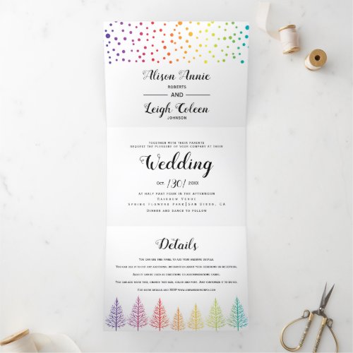 Rainbow colors trees dots lesbian winter wedding Tri_Fold invitation