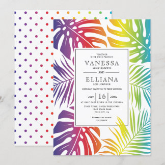 Rainbow colors tropical leaves gay lesbian wedding invitation