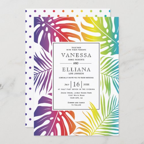 Rainbow colors tropical leaves gay lesbian wedding invitation