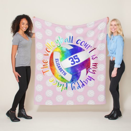 rainbow colors volleyball court my happy place fleece blanket