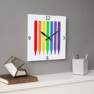 Rainbow colors wax crayons, simple, modern square wall clock