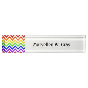 Rainbow Colors, White Large Chevron ZigZag Pattern Desk Name Plate