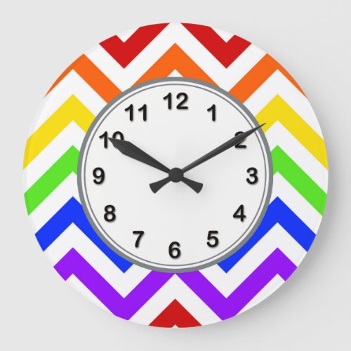 Rainbow Colors White Large Chevron ZigZag Pattern Large Clock