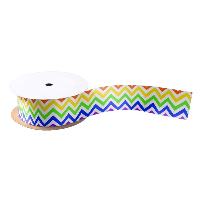 Rainbow Colors, White Large Chevron ZigZag Pattern Satin Ribbon (Spool)