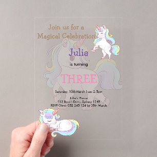 Rainbow colour Unicorn baby girl birthday Acrylic Invitations