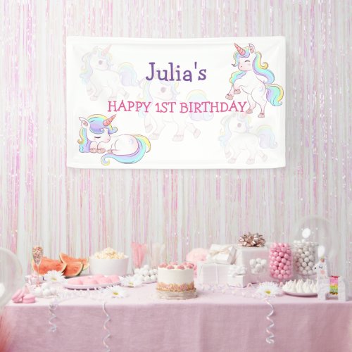 Rainbow colour Unicorn baby girl birthday  Banner