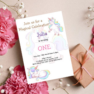 Rainbow colour Unicorn baby girl birthday Invitation