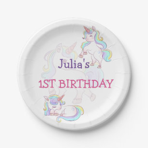 Rainbow colour Unicorn baby girl birthday Paper Plates