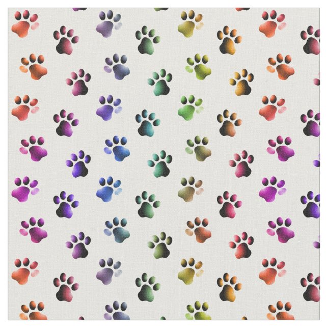 Rainbow Coloured Animal Cat Dog Paw Prints Fabric (Close Up)