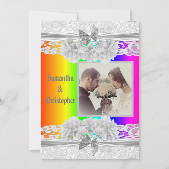 Rainbow coloured lace wedding photo invitation (Back)