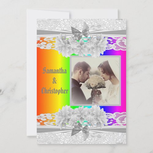 Rainbow coloured lace wedding photo invitation
