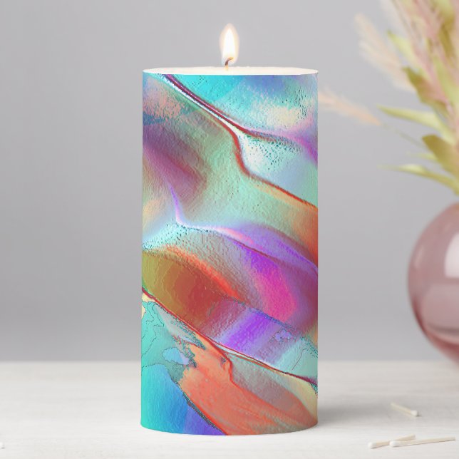 Rainbow colours in virtual pearly rock pillar candle (In Situ)