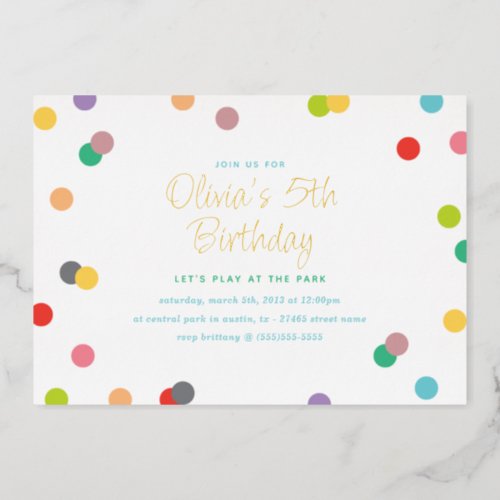 Rainbow Confetti and Gold Lettering Birthday Party Foil Invitation