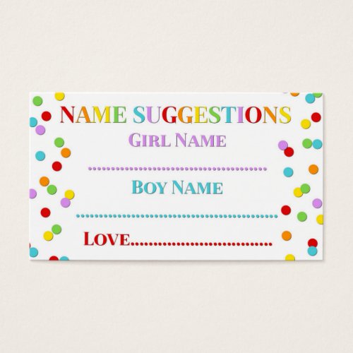 Rainbow Confetti Baby Shower Name Suggestion Card