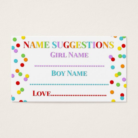 Rainbow Confetti Baby Shower Name Suggestion Card (Front)