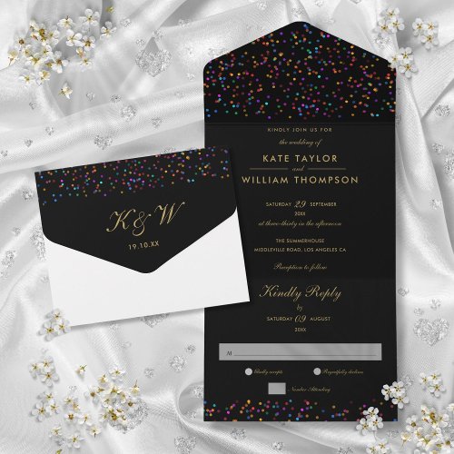 Rainbow Confetti Black And Gold Monogram Wedding All In One Invitation