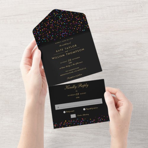 Rainbow Confetti Black And Gold Monogram Wedding All In One Invitation