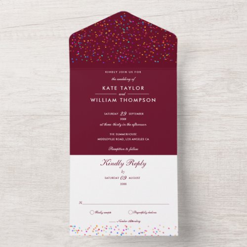 Rainbow Confetti Burgundy Monogram Wedding All In One Invitation