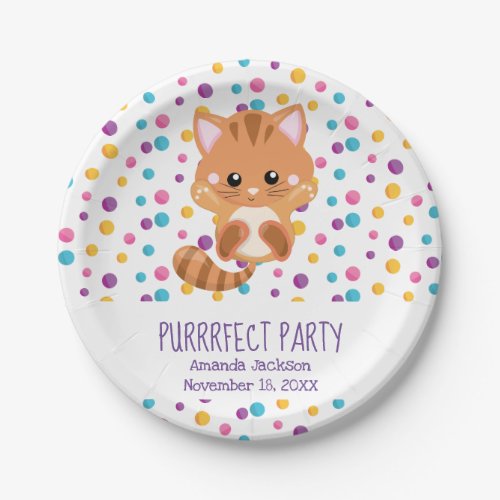 Rainbow Confetti Cute Cat Puurfect Birthday Party Paper Plates